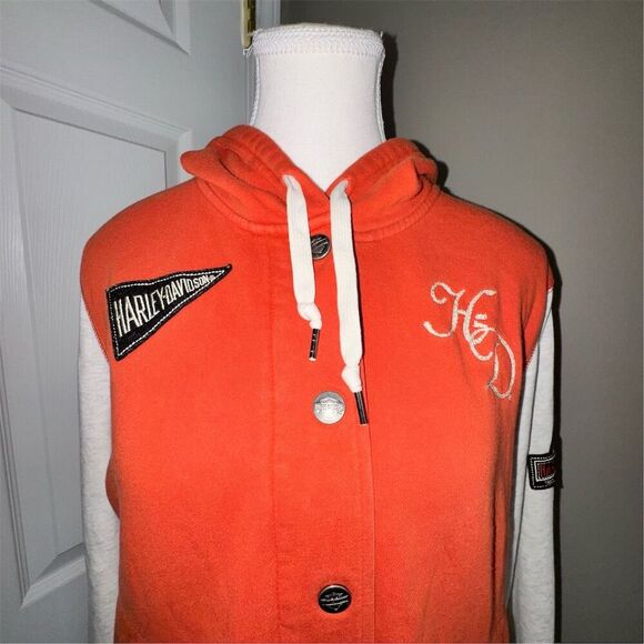 Harley Davidson Women's XL Orange Hooded Varsity Jacket Snap Closure Bikercore - Picture 2 of 14